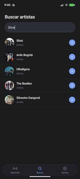 Búsqueda de artistas en RiffMood mostrando resultados con fotos desde Spotify